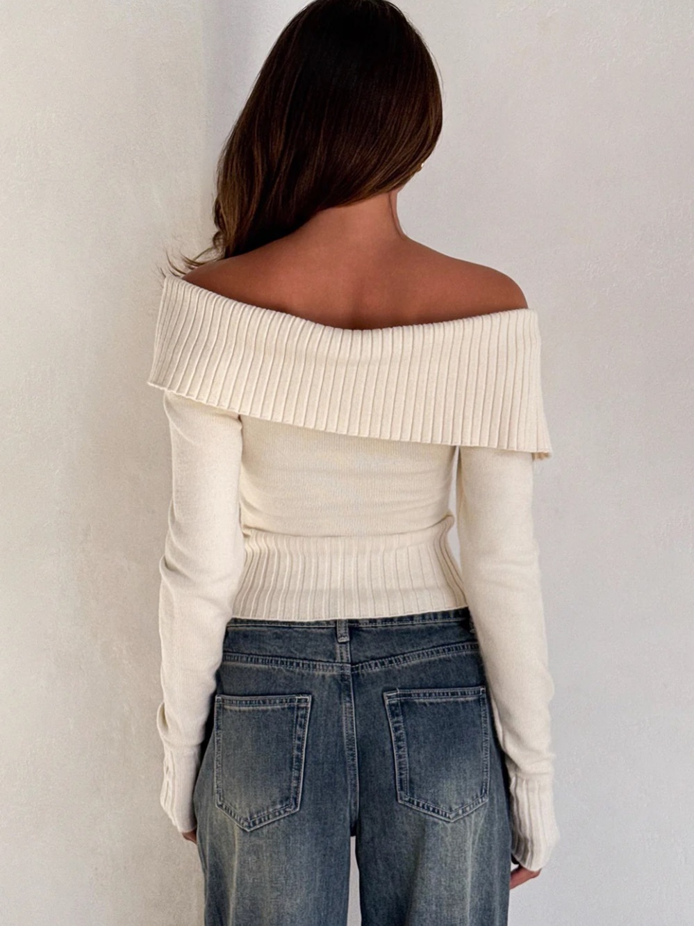 Off-Shoulder Cream Ribbed Sweater Top - Picture 3 of 9
